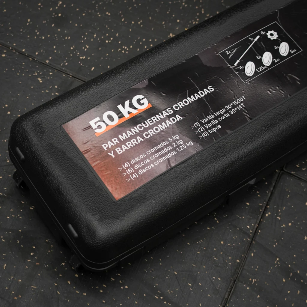 Set de barra + mancuernas cromadas 50 kg