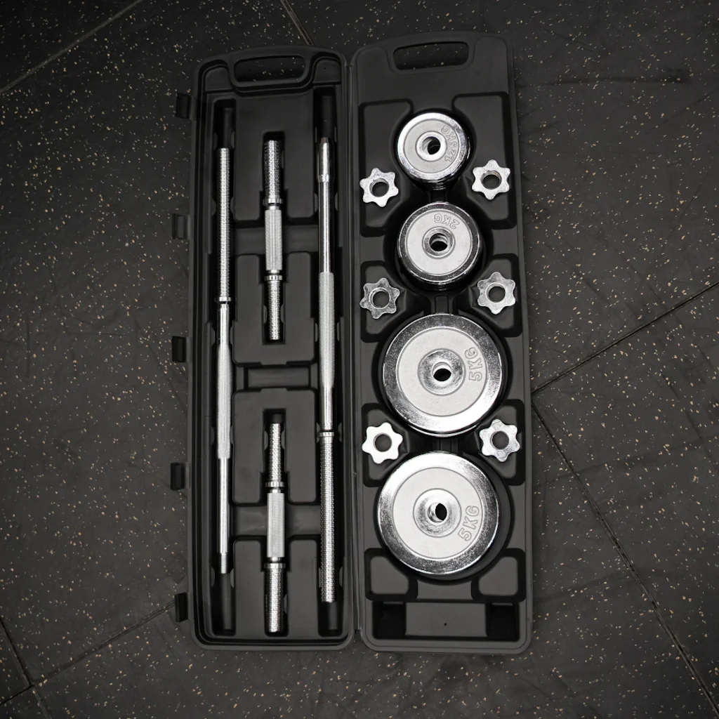 Set de barra + mancuernas cromadas 50 kg