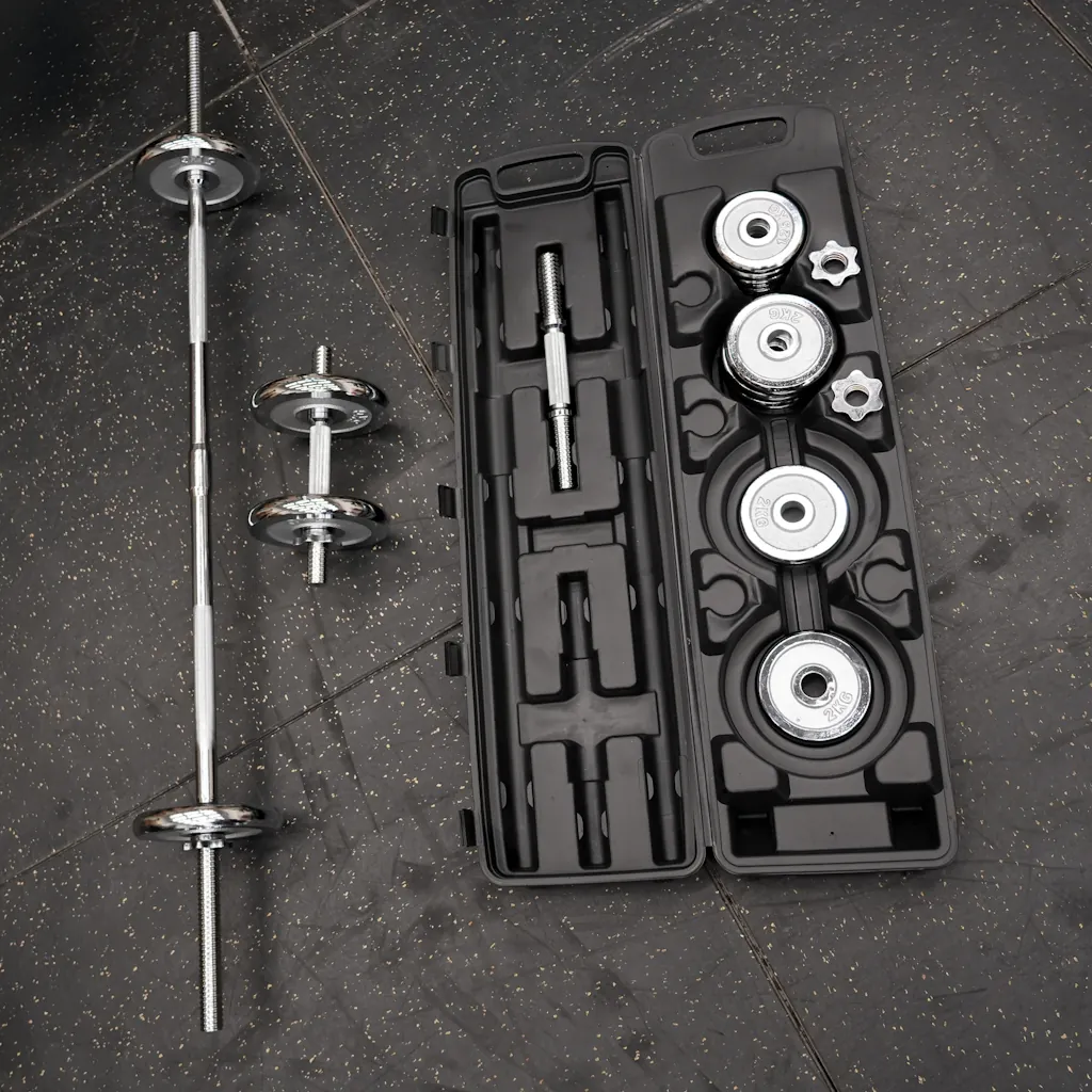 Set de barra + mancuernas cromadas 50 kg