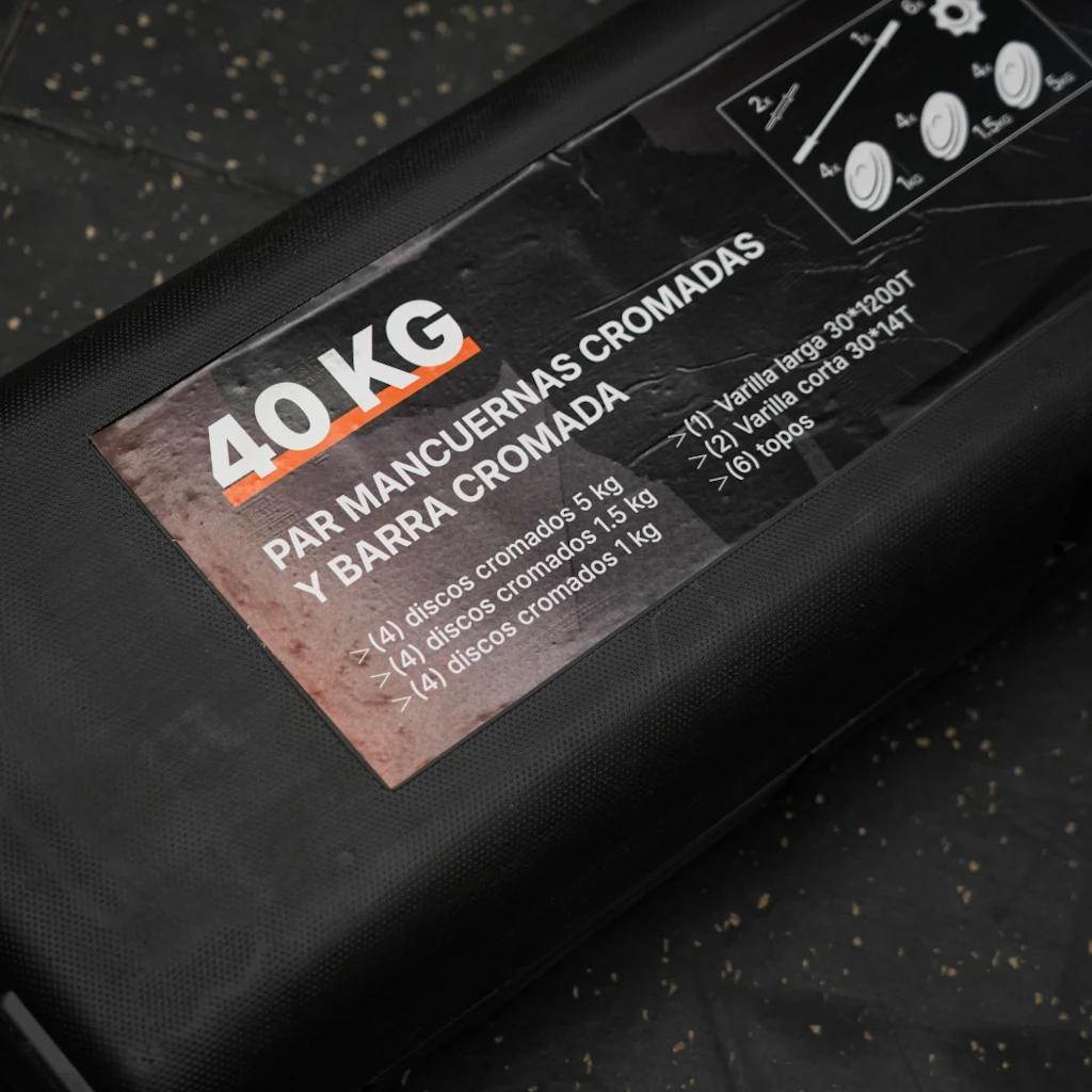 Set de barra + mancuernas cromadas 40 kg