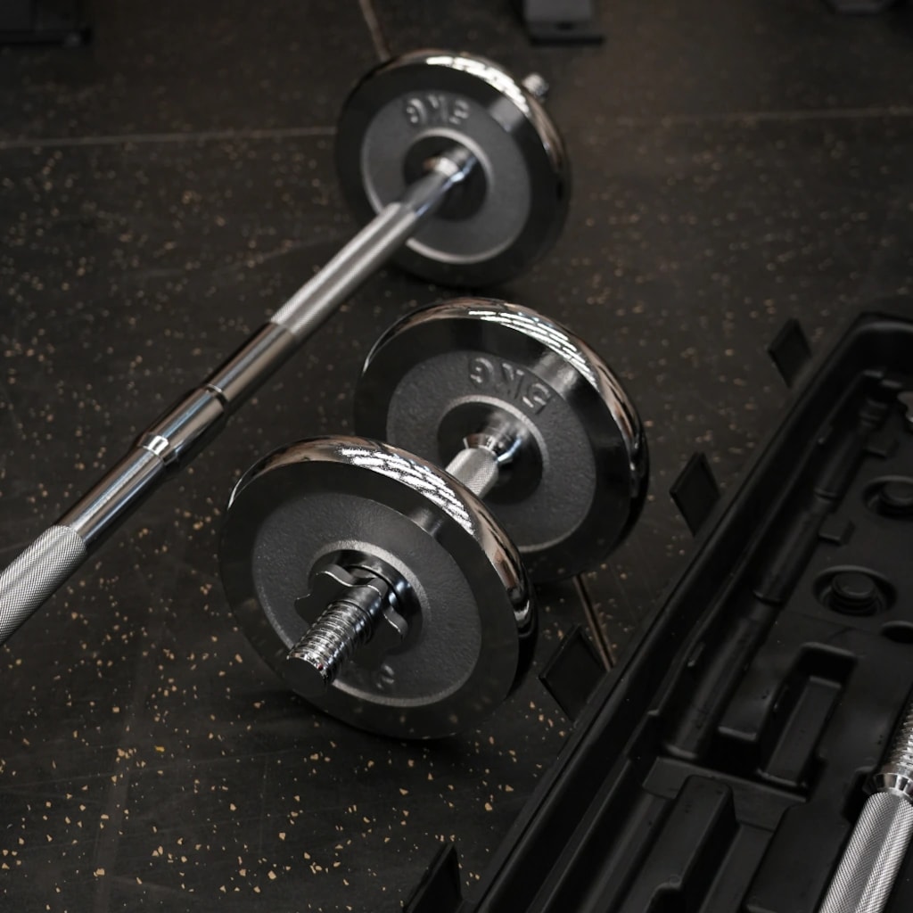 Set de barra + mancuernas cromadas 40 kg
